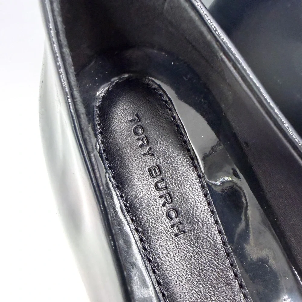 Tory Burch Georgia Ballet Flats Patent Leather Square Toe Logo Black Womens Sz 8